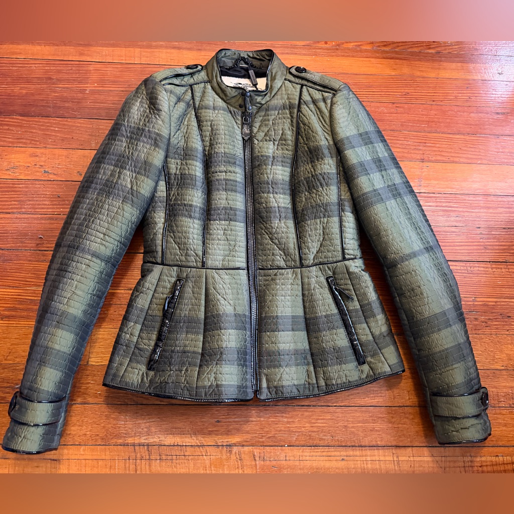 Authentic Burberry London Olive Quilted Peplum Jacket Size S